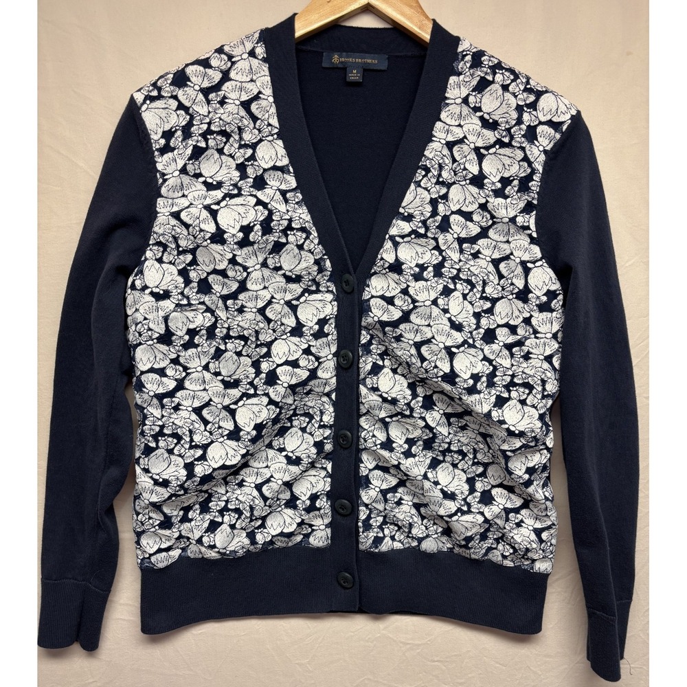 Brooks Brothers Cardigan‎ Sweater Womens Blue Classic Butterfly Print V Neck